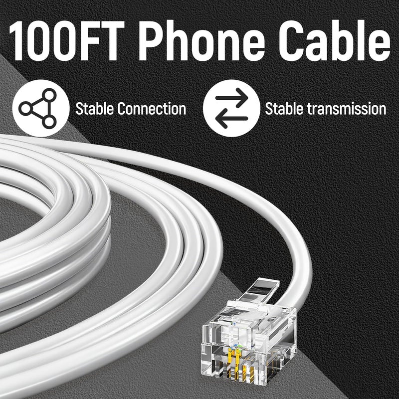 Uvital Phone Extension Line, 100 FT White Long Telephone Extension Line Cord Cable Wire,RJ11 6P4C Phone Cord for Home/Office - Image 2